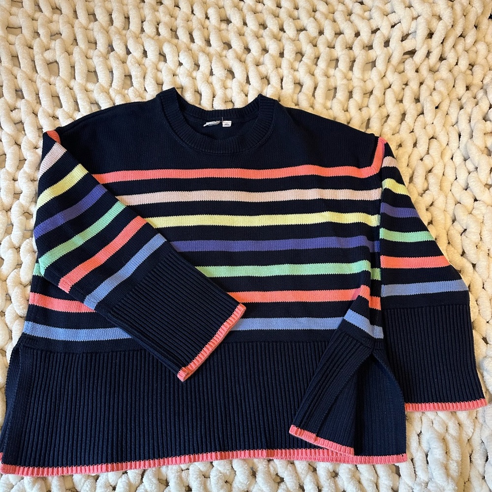 GAP Factory Split Hem Crew Neck Sweater. Navy with multi-color stripes.